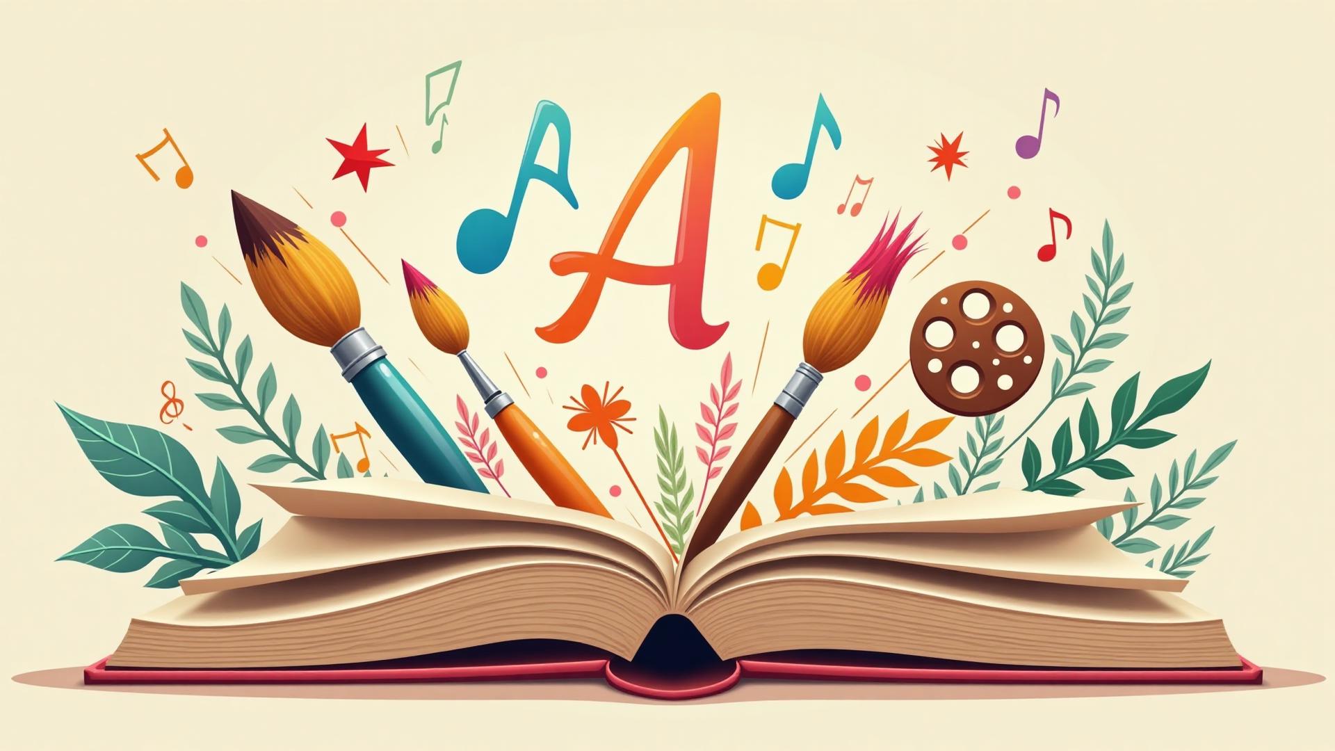 Creative cartoon illustration of arts and humanities subjects with books, paintbrushes, and cultural elements