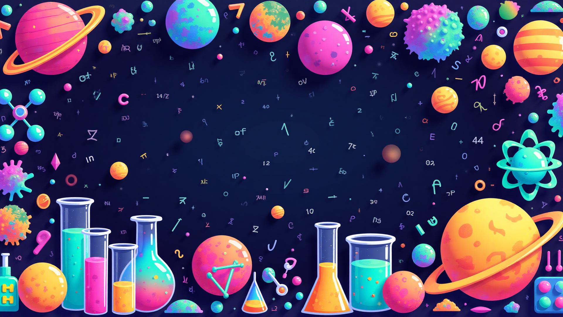 Super vibrant cartoon illustration of STEM subjects with bright colorful math, science, technology and engineering elements