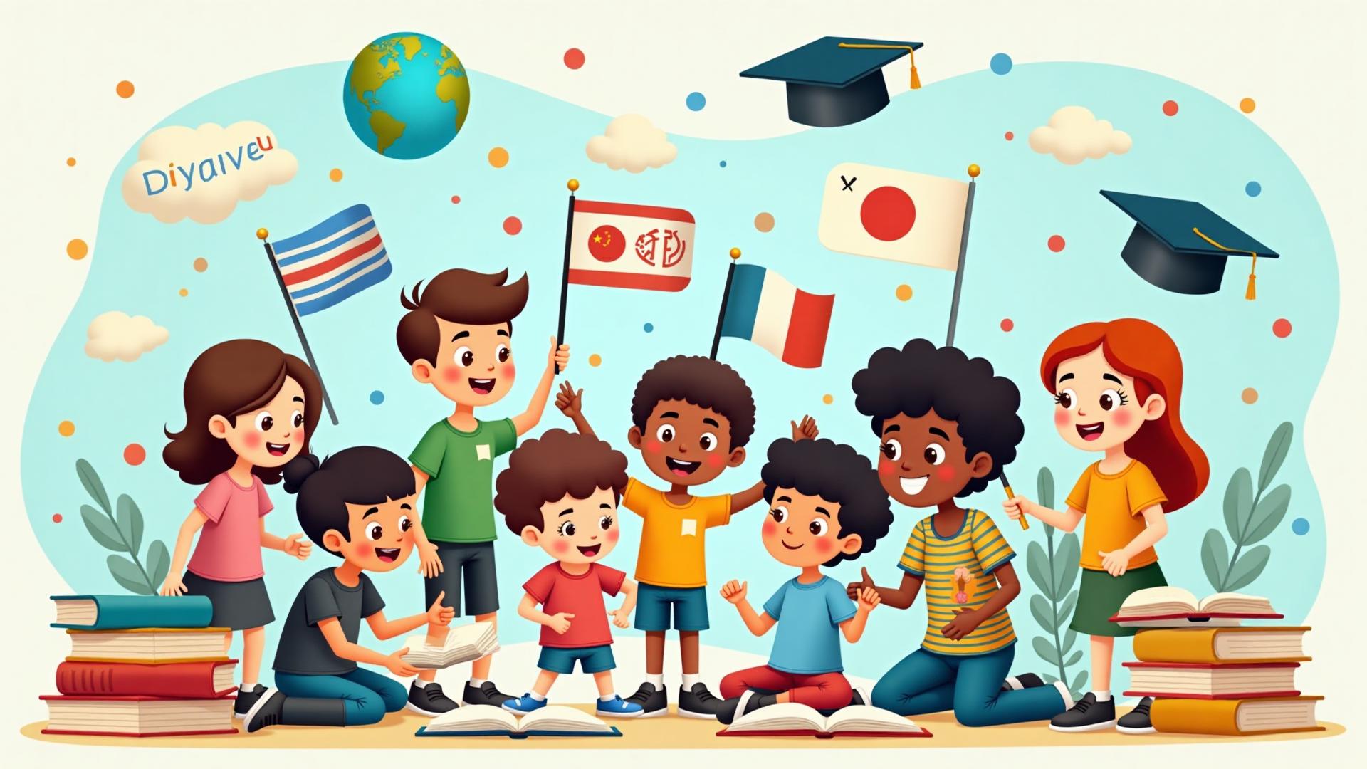 Cheerful cartoon illustration of diverse children learning together with multicultural educational elements
