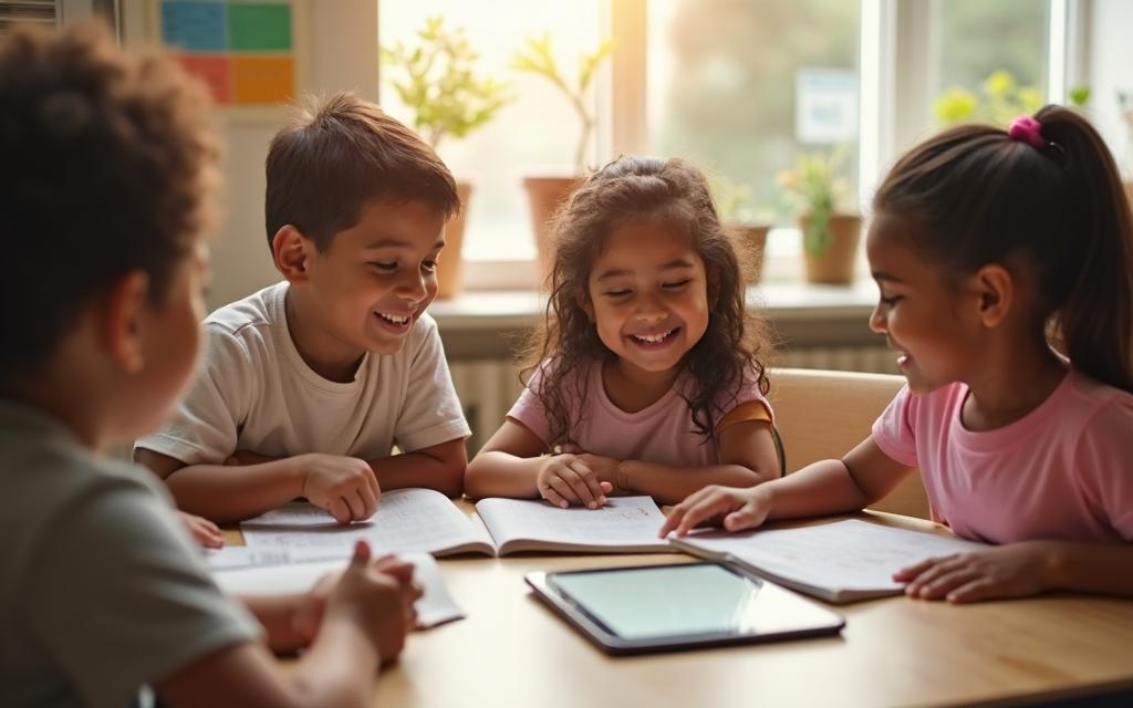 Diverse children learning together - white boy, Mexican girl, and other students